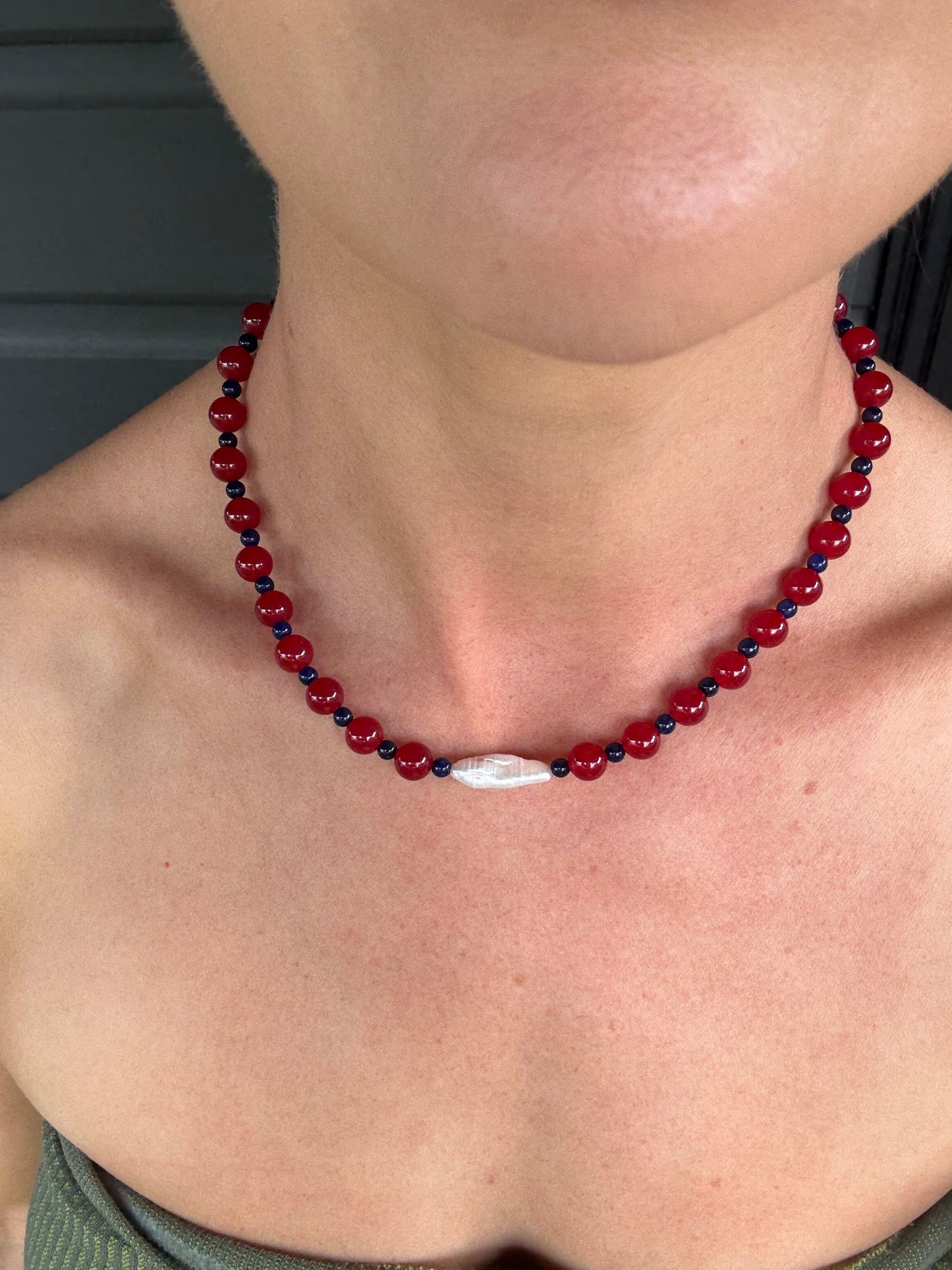 Red Chalcedony and freshwater pearl Necklace