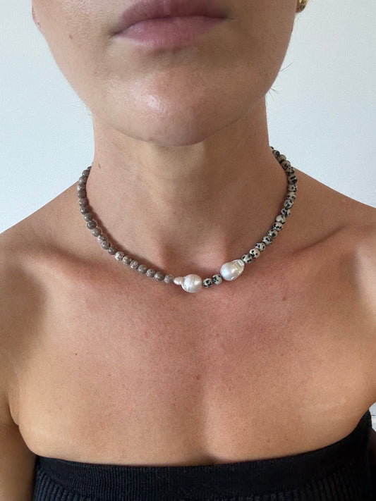 Double Pearl Pink Jasper & Stone Necklace