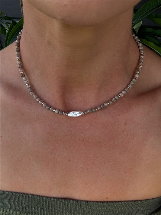 Pink Fossil Coral Jasper with Freshwater Pearl Necklace