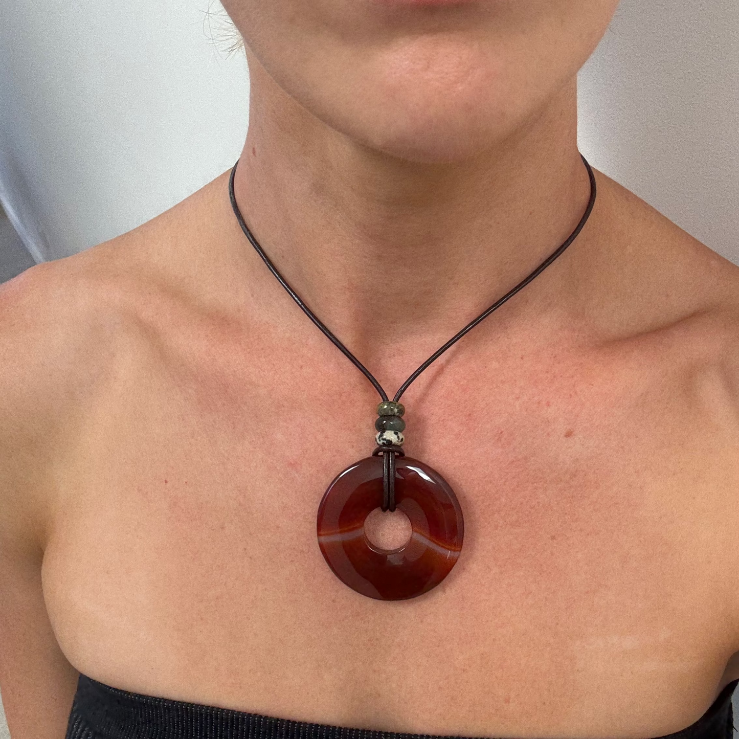 Red Agate Leather Pendant Necklace