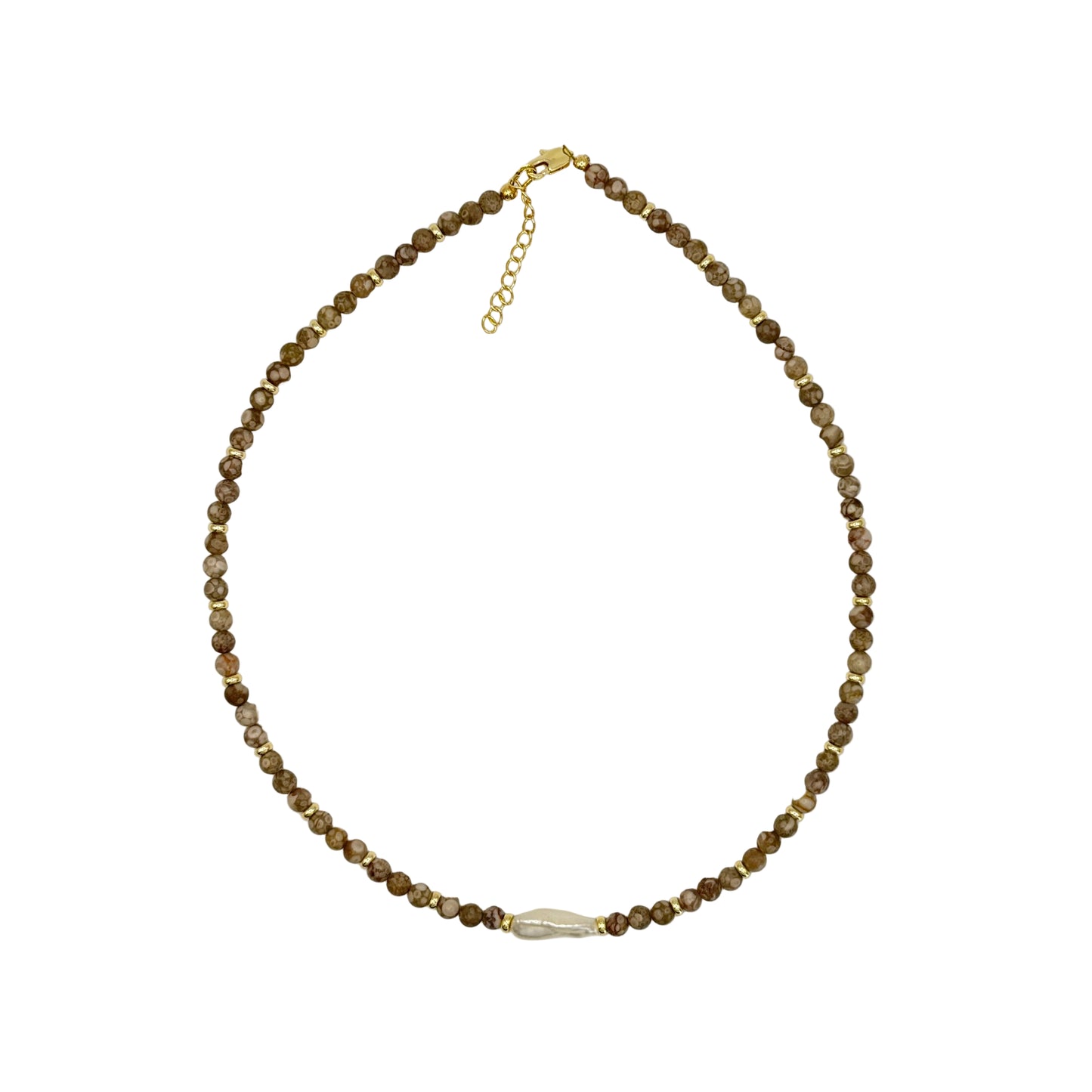 Beaded necklace on a light gray background