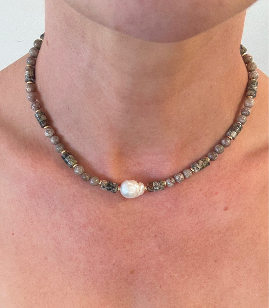 Single Pearl, Pink Jasper and Stone Necklace