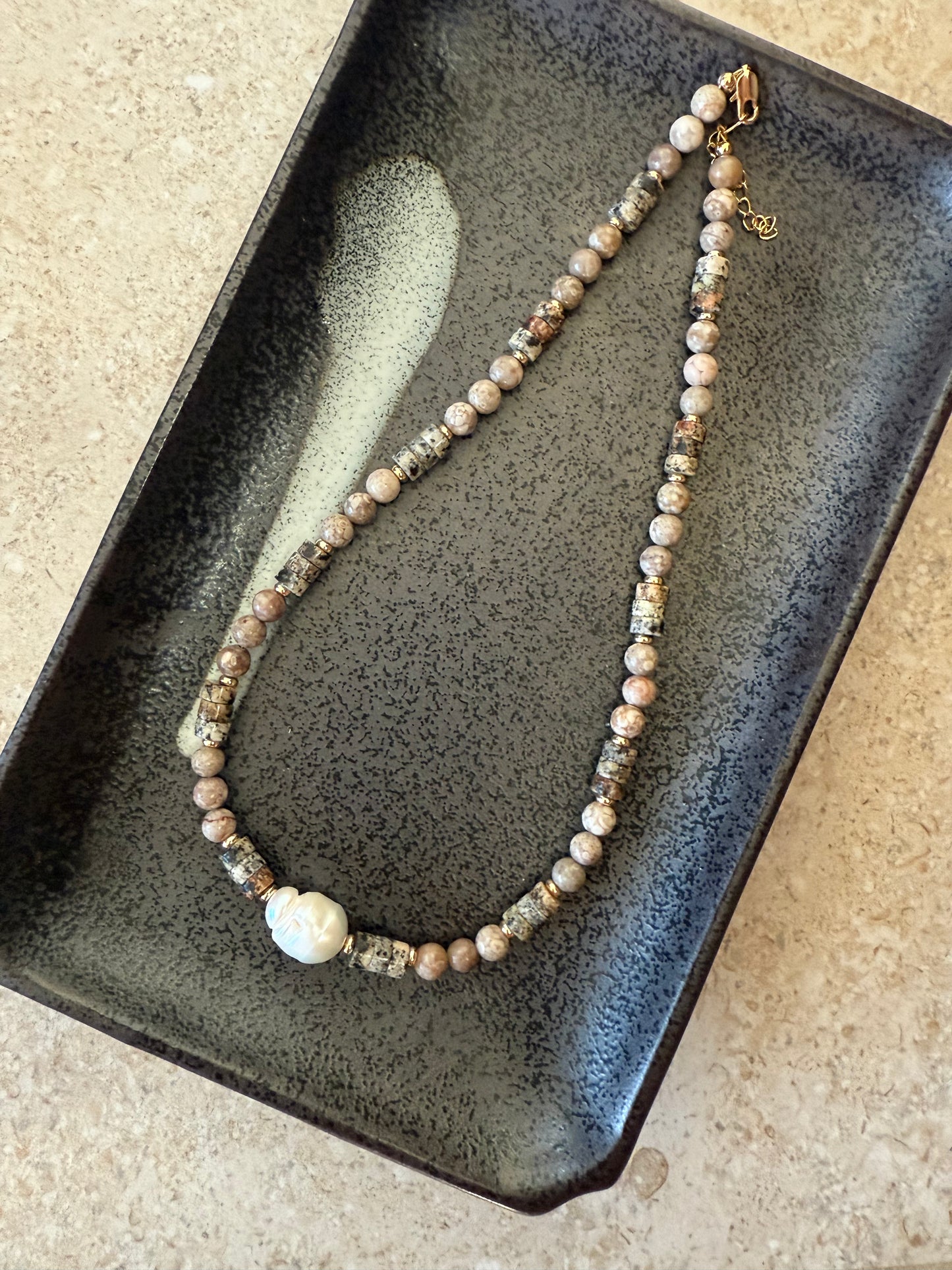 Single Pearl, Pink Jasper and Stone Necklace