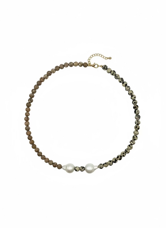 Double Pearl Pink Jasper & Stone Necklace